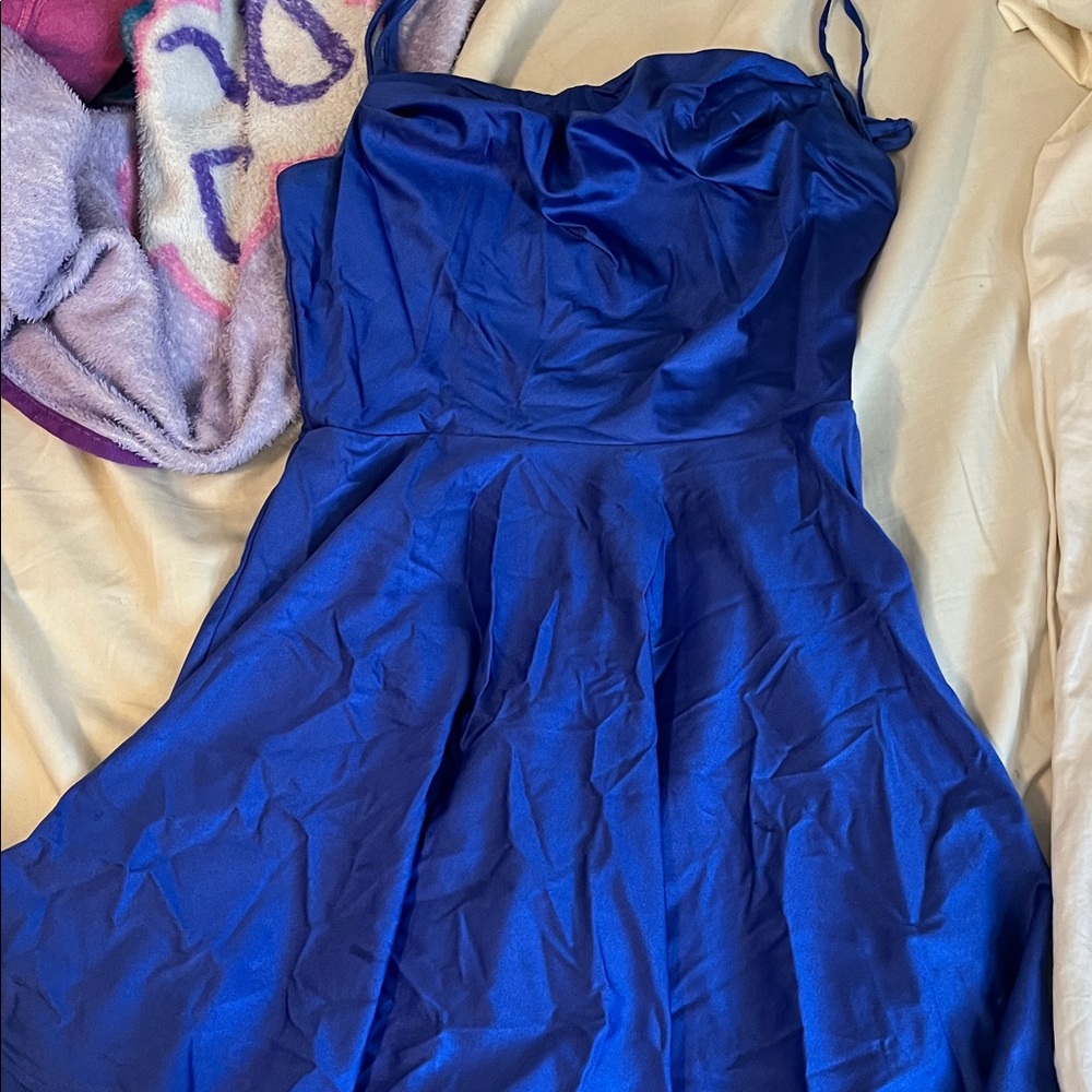 City Studio Royal Blue Satin Midi Dress with Spaghetti Straps